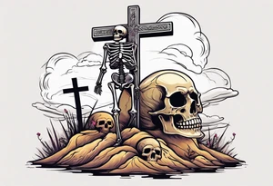 skeleton walking with a cross in a dessert tattoo idea