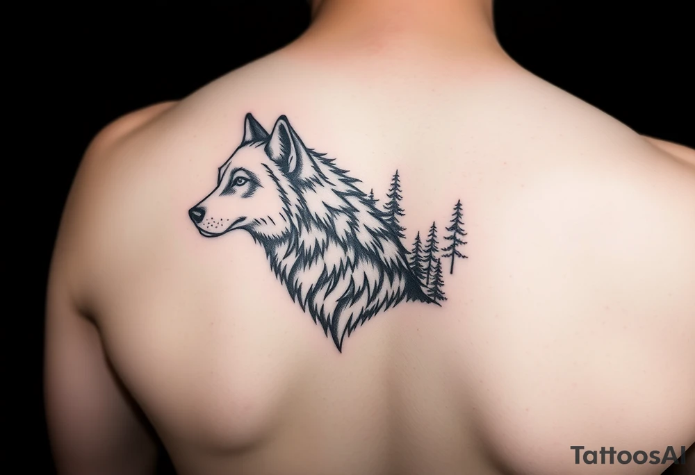 Wolf with forest in the background on the arm tattoo idea