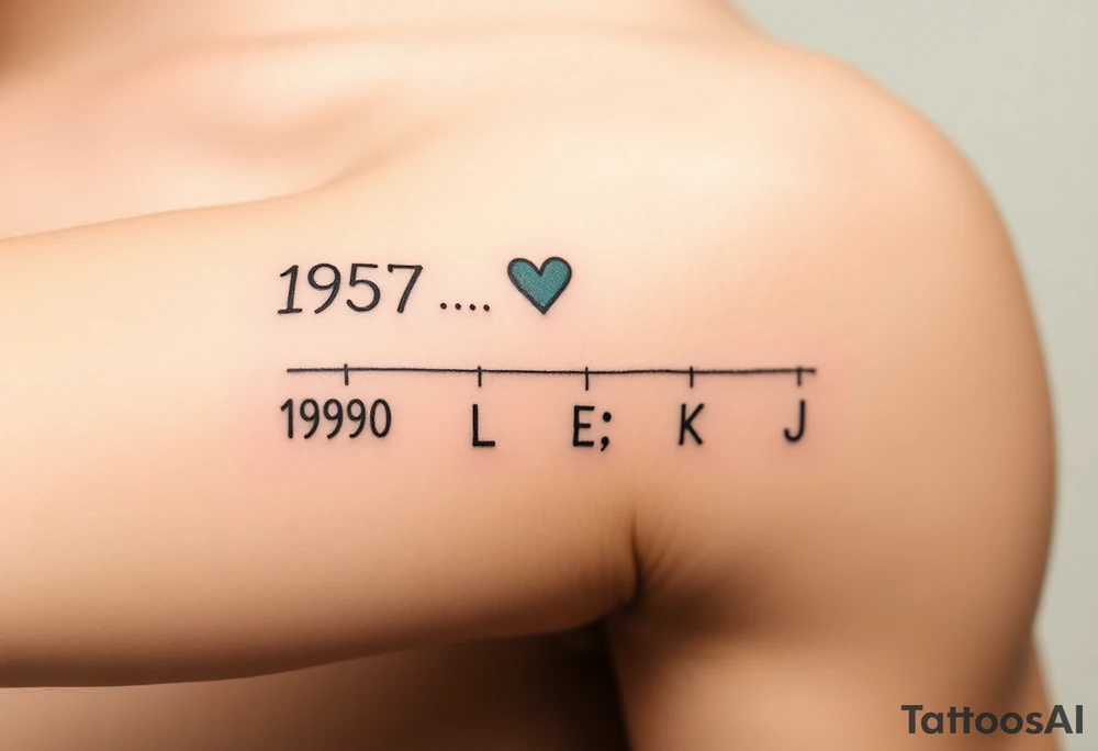 Top Line: The parent's birth year (1957) will be at the top, centered.  A small heart will be placed either directly beside it or slightly above it.
* Timeline Line: A faint, dotted line will extend horizontally from the parent's year, representing the timeline.
* Children's Years: Four birth years (1980, 1989, 1998, 2000) will be placed below the dotted line, evenly spaced.
* Initials (Optional): If desired, the children's initials (L, E, K, J) can be placed directly below their respective birth years.
Visualizing It:
Imagine it like this:
          1957 <3 
    .......................
    1980   1989   1998   2000
     L          E             K         J tattoo idea