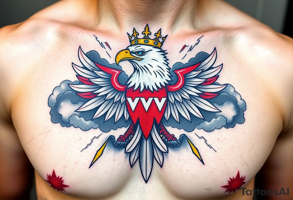 A red and white The Moravian eagle  with golden crown on its head surrounded by a storm, with dark clouds and lightning bolts tattoo idea