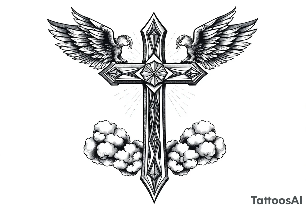 cast all your anxiety on him because he cares for you" with angels and clouds,cross tattoo idea