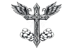 cast all your anxiety on him because he cares for you" with angels and clouds,cross tattoo idea