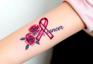 Pretty pink Cancer ribbon that says "fuck cancer"with red roses tattoo idea