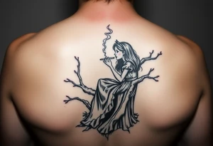 Alice in wonderland brunette falling down the tree hole smoking a cigarette and it creates a trail of smoke tattoo idea