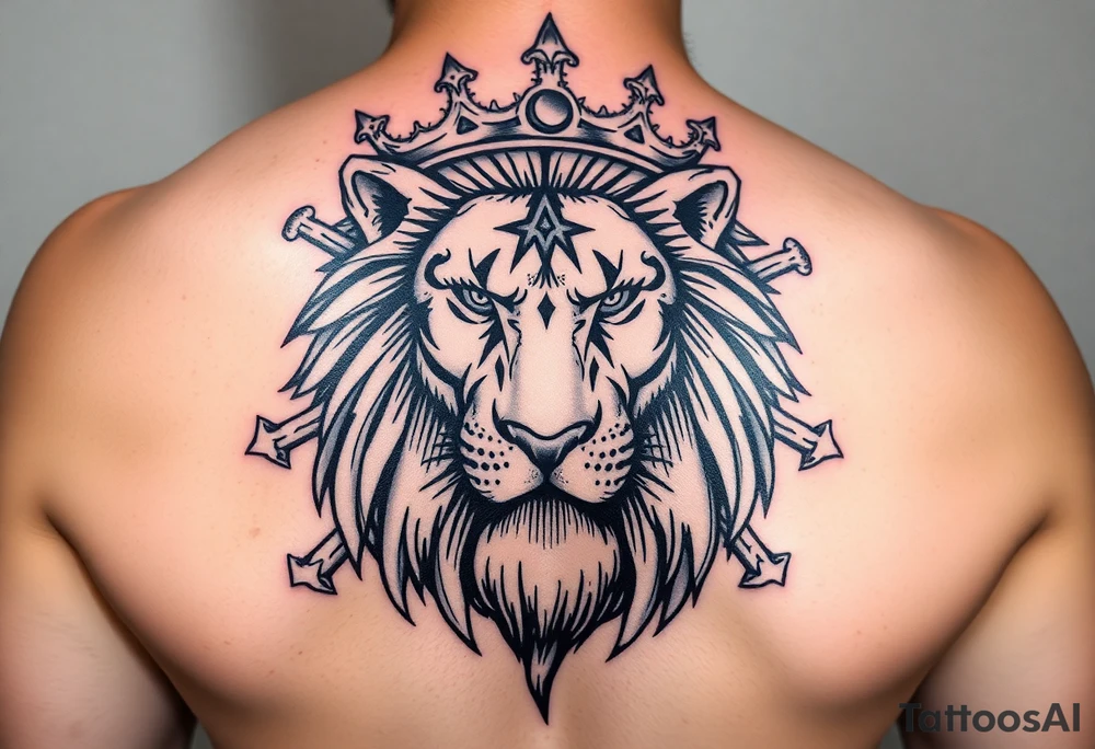 powerful majestic lion with third eye and a crown of bones tattoo idea