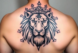 powerful majestic lion with third eye and a crown of bones tattoo idea