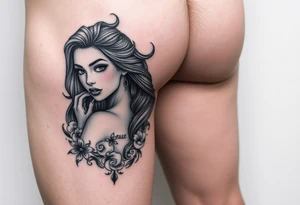 Full thigh tattoo with pretty girl and art work tattoo idea