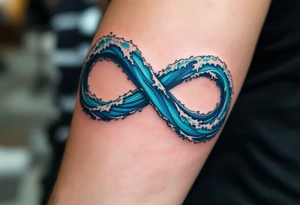 An infinity symbol composed of ocean waves, with vibrant deep blue and turquoise tones, evoking the power of nature. tattoo idea