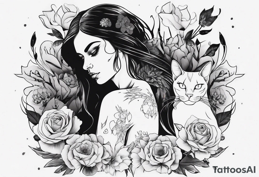 B&w tattoo arm with flowers dotting work and with an cat in it and a dark elf woman Scandinavian tattoo idea