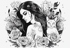 B&w tattoo arm with flowers dotting work and with an cat in it and a dark elf woman Scandinavian tattoo idea
