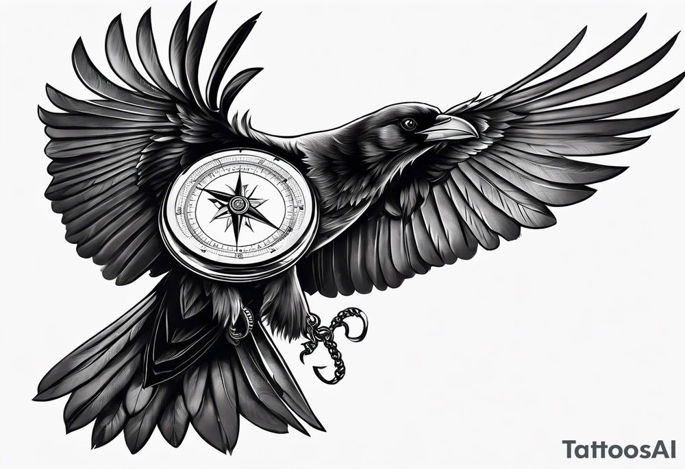 flying crow with compass tattoo idea