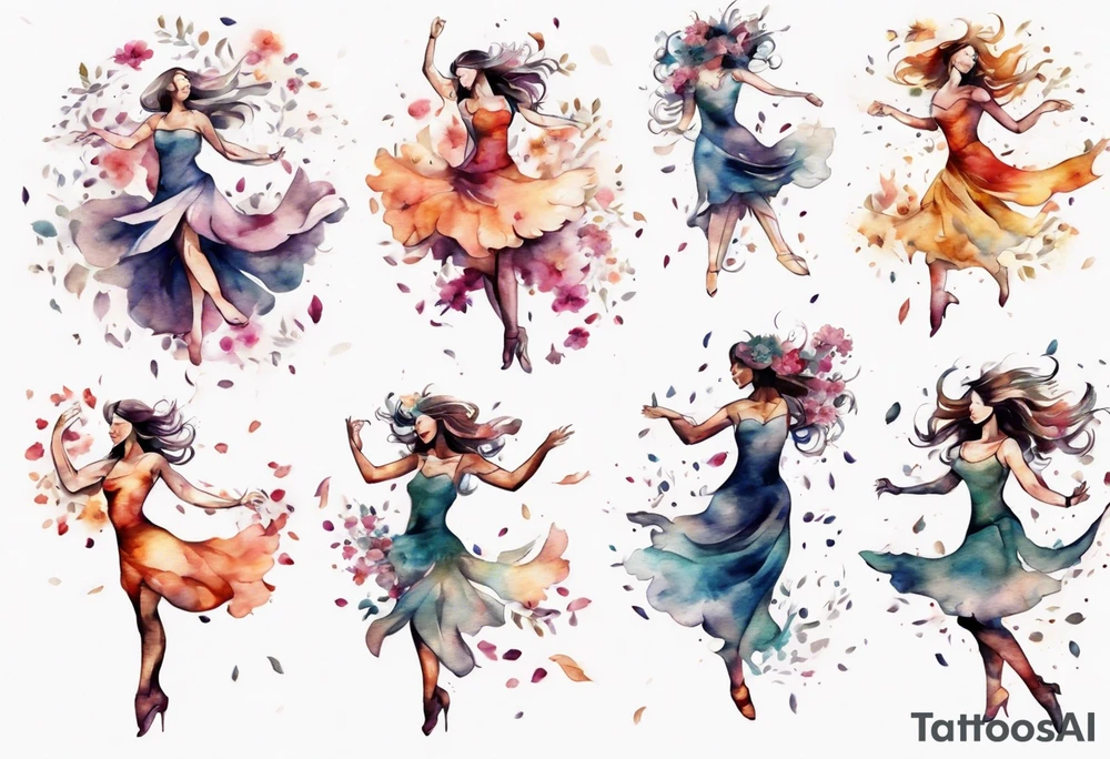 Very feminine woman dancing in a wind of flower petals tattoo idea