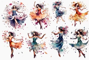 Very feminine woman dancing in a wind of flower petals tattoo idea