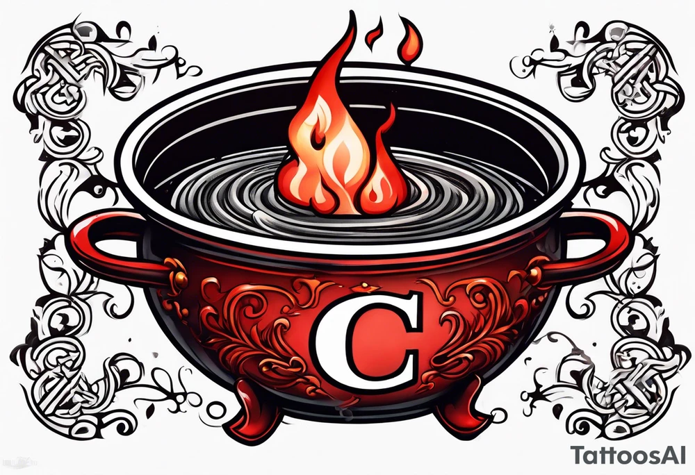 red cauldron with letter c in tattoo idea