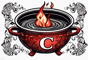 red cauldron with letter c in tattoo idea