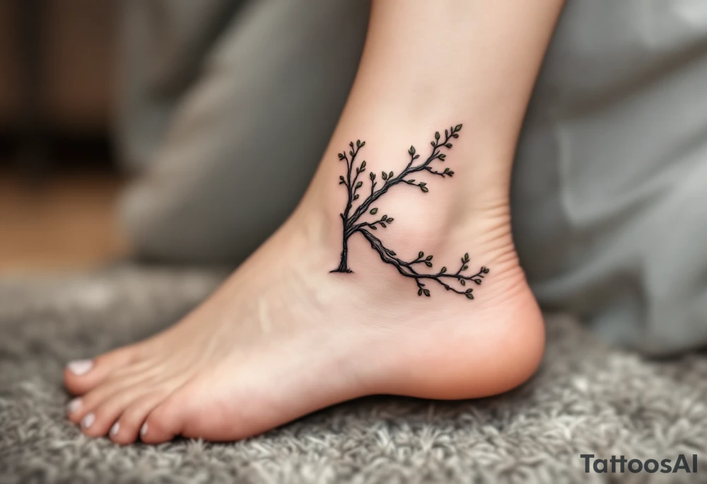 K shaped from tree branches, with bark texture and subtle shades of brown and green, tiny leaves sprouting from the ends. tattoo idea