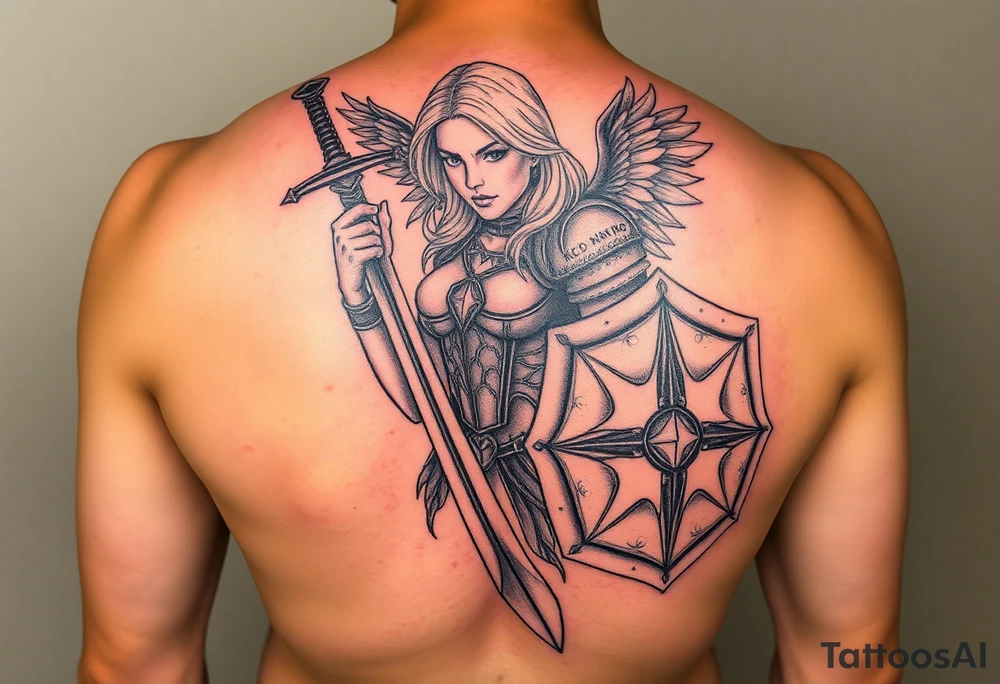 blonde valkyrie with sword and shield -- location calf -- image should show entire body of the valkyrie -- she should have large breasts and beautiful yet tough -- full color, realistic, should have breast armor, less cartoony more realistic, should show her entire body tattoo idea