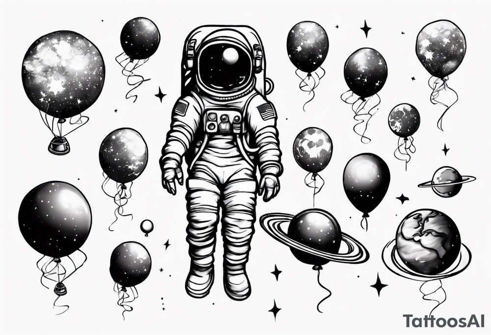 astronaut holding several balloons but balloons are planets tattoo idea