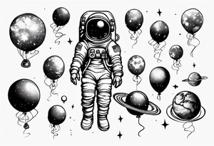astronaut holding several balloons but balloons are planets tattoo idea