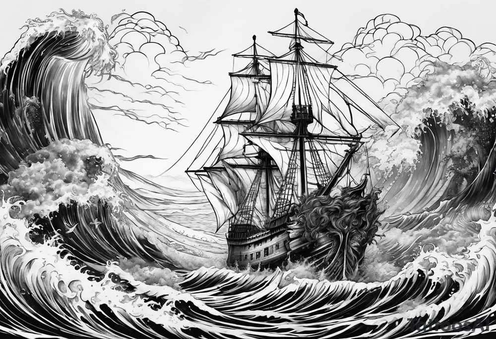 ship sinking with a mermaid on the right holding a rope the mermaid on the left holding a dagger tattoo idea