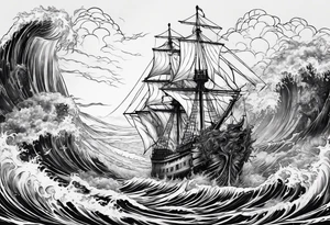 ship sinking with a mermaid on the right holding a rope the mermaid on the left holding a dagger tattoo idea