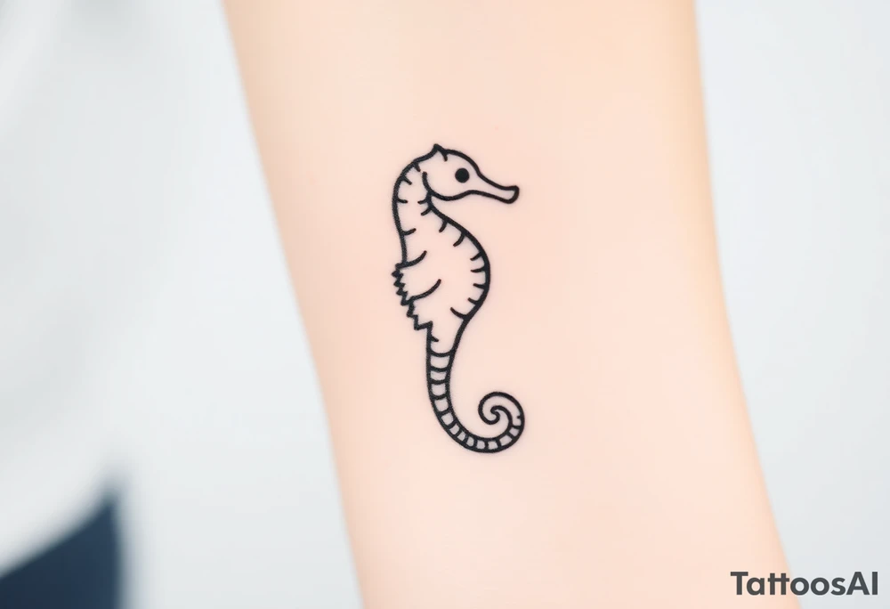 A sleek black ink seahorse outline, its body adorned with minimalist wave patterns. tattoo idea