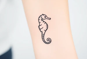 A sleek black ink seahorse outline, its body adorned with minimalist wave patterns. tattoo idea
