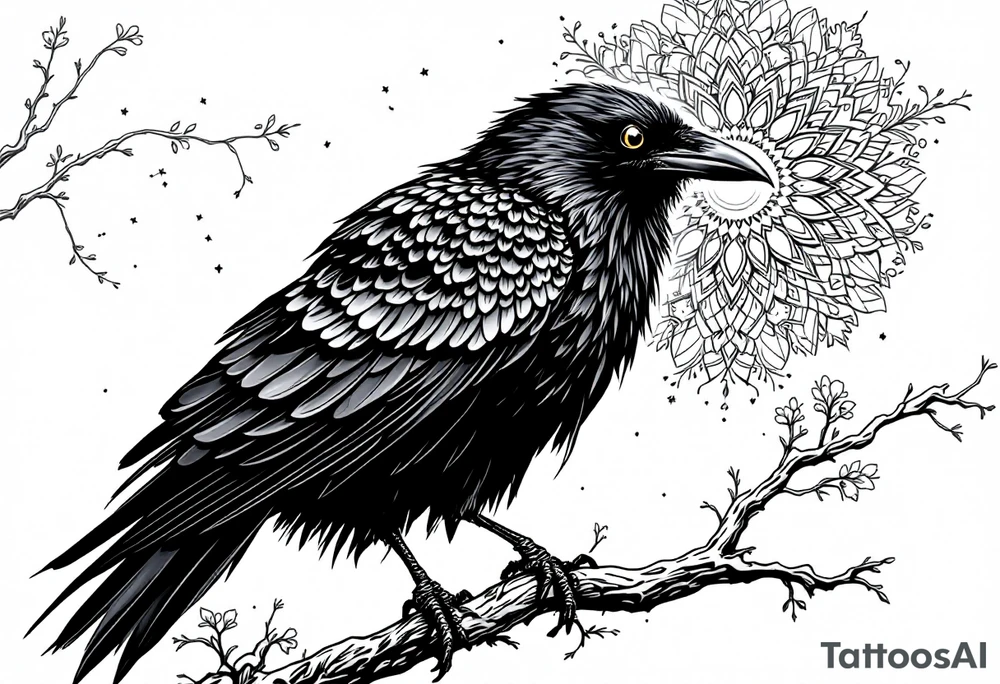 Black Raven on a branch looking over its shoulder with mandala tattoo idea
