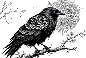 Black Raven on a branch looking over its shoulder with mandala tattoo idea