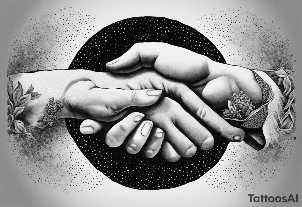 The Creation of Adam after Michelangelo`s fresco, vector hands, illustration that create a galaxy in Dotwork style tattoo idea