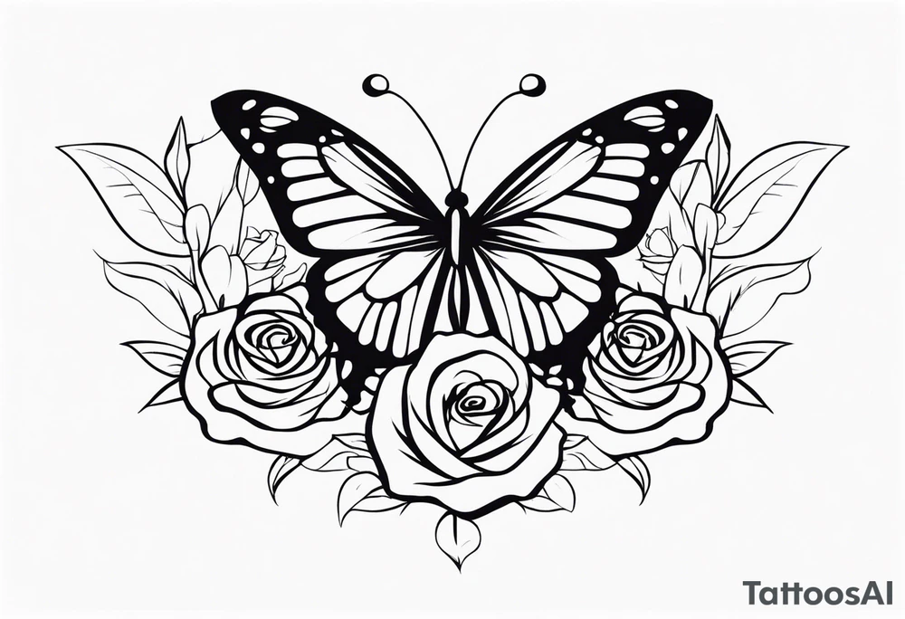 a simple, black minimalist female chest tattoo with a butterfly in the centre and roses elegantly behind it floating elegantly in horizontal position towards the shoulders tattoo idea