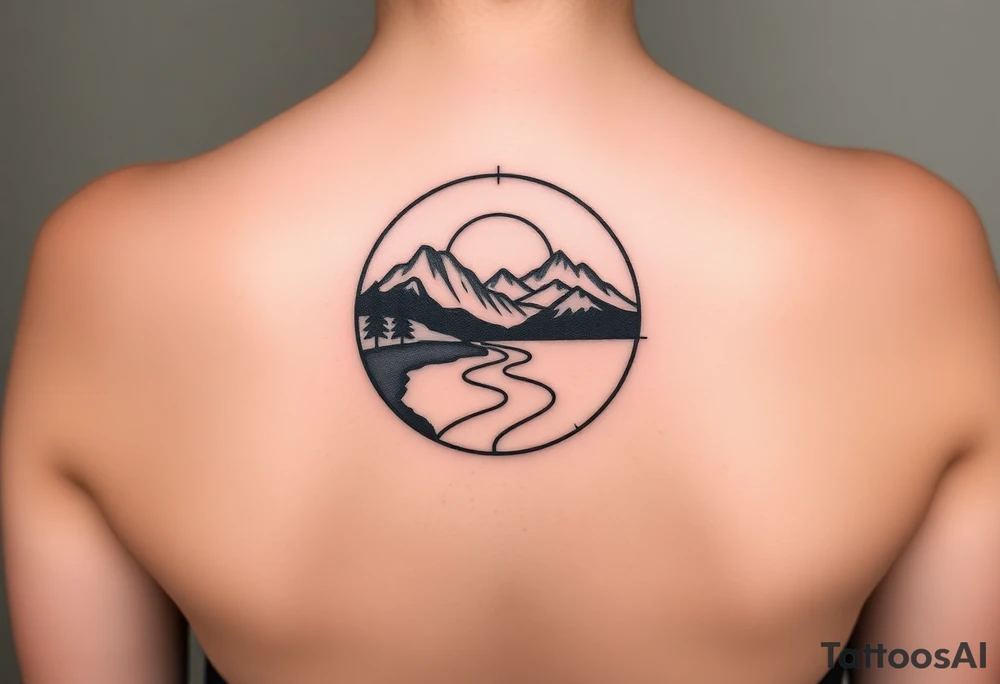 mountains. river and sunrise, let it all be inside one circle. draw a line and divide the circle into two parts, let one part be like day and the other part like night tattoo idea