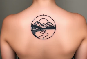 mountains. river and sunrise, let it all be inside one circle. draw a line and divide the circle into two parts, let one part be like day and the other part like night tattoo idea