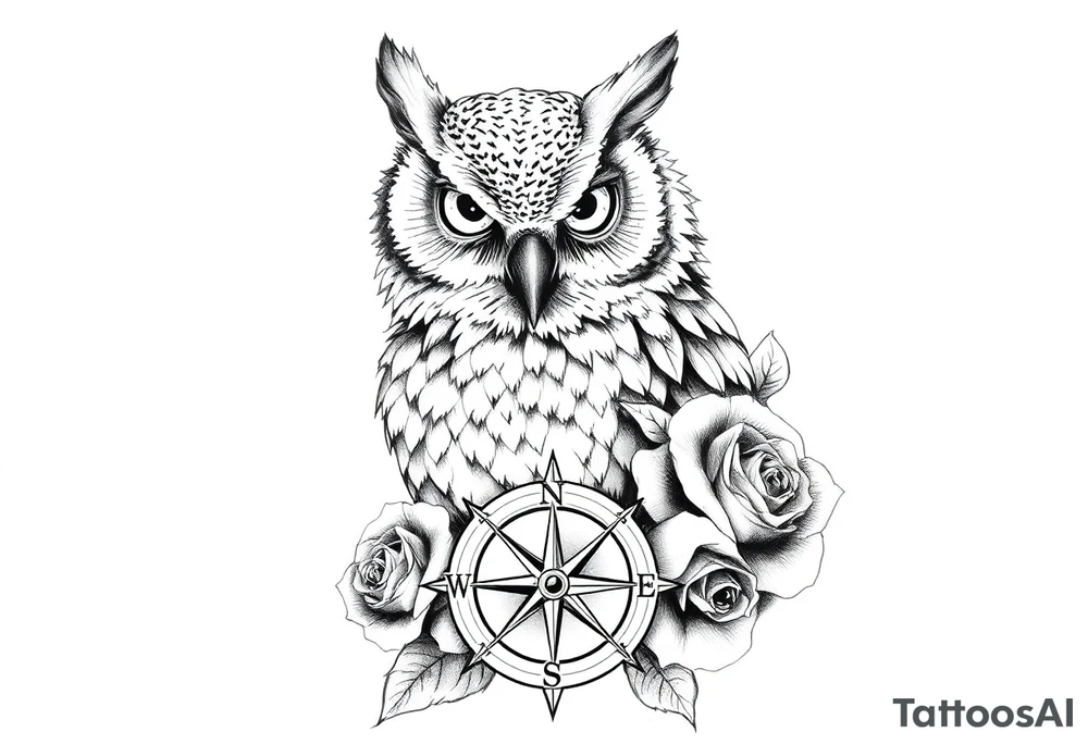 an owl,compass,roses, tattoo idea