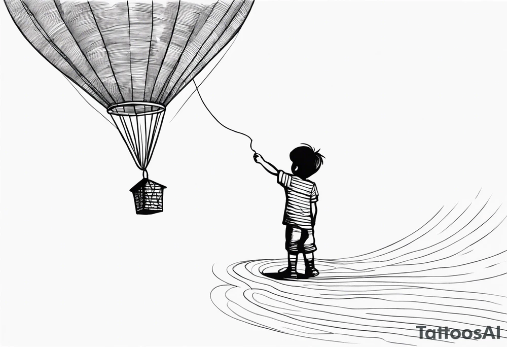tatoo in sketch style only.
A little boy is holding a string to the hearth shaped small party baloon.
boy should be drawed from behind and has one hand reaching up in 45 degree angle and holding the baloon string
On the string is a big wave look like a hearbeat pulse.
draw only boy and string and baloon wothout any scenery tattoo idea