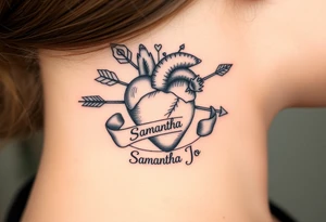 anatomical heart pierced by ornate arrow with flowing ribbons with the name Samantha Jo tattoo idea