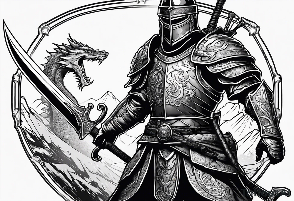 Helmeted Northern Warrior standing with sword held straight up and down and killing a dragon tattoo idea