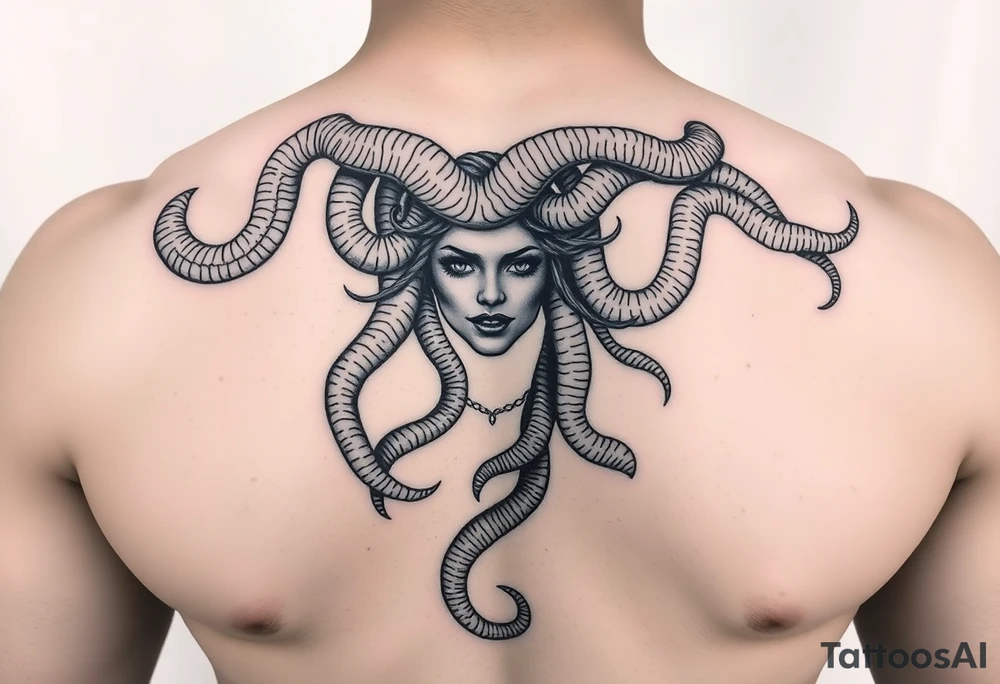 A Beautiful Medusa chest peice with her snake hair reaching my arms and shoulder. Black and white, realistic tattoo idea