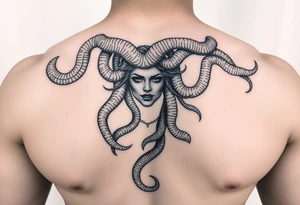 A Beautiful Medusa chest peice with her snake hair reaching my arms and shoulder. Black and white, realistic tattoo idea