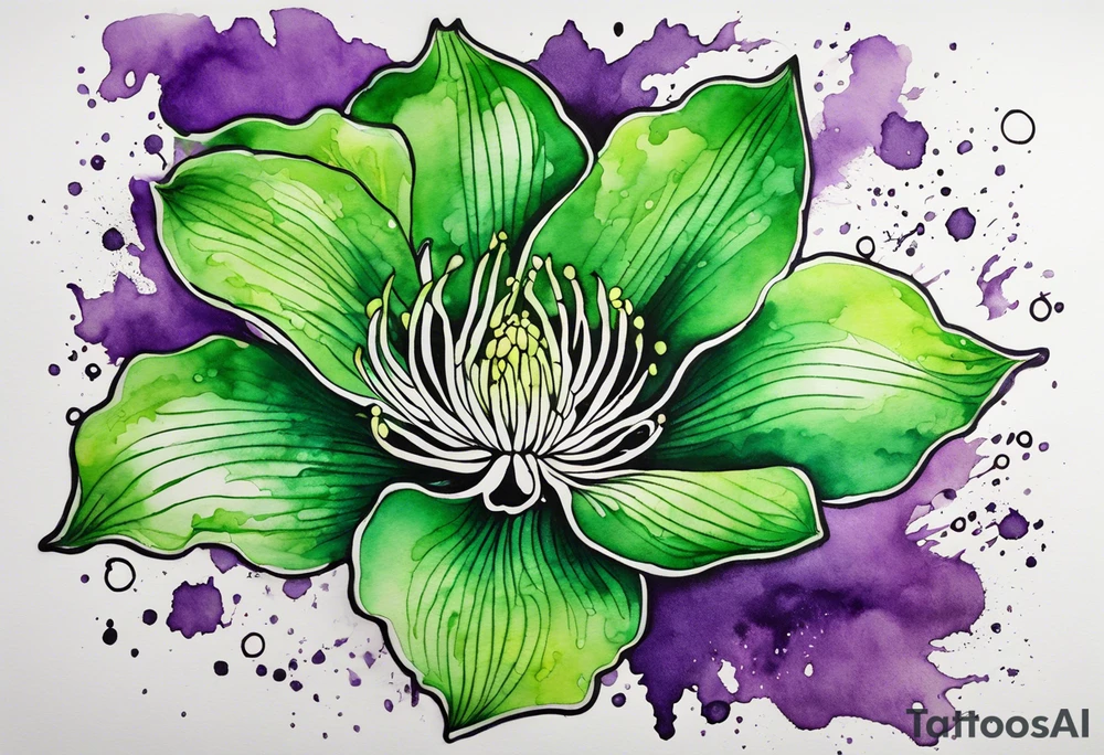 A mystical outline of a green with a bit of purple rio dipladenia flower and a green and purple watercolor splash in the background tattoo idea