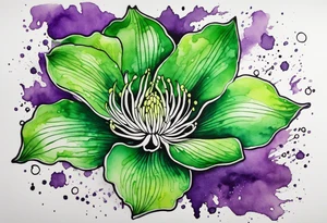 A mystical outline of a green with a bit of purple rio dipladenia flower and a green and purple watercolor splash in the background tattoo idea