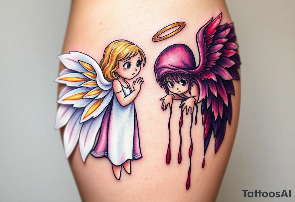 angel, with brilliant white wings that shine with golden accents standing against fallen angel, whose wings are tattered and darkened with deep purples, reds, and blacks, dripping with sorrowful tears of blood. tattoo idea