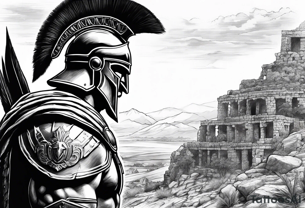 close of of spartan solider looking at distant ruins tattoo idea