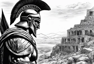 close of of spartan solider looking at distant ruins tattoo idea