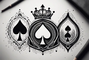 one combined tatto in minimalistic style with icon style three king of spades and icon style one queen of hearts. extreme minimalstic and few lines. much more minimalistic and fewer lines tattoo idea