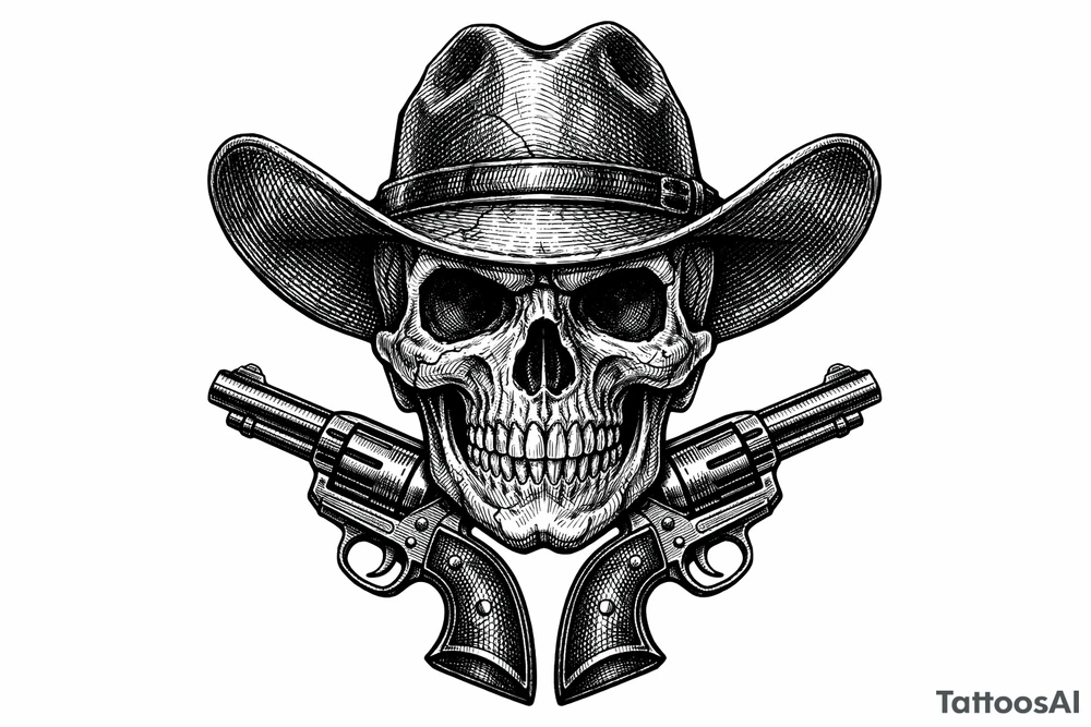 Victorian-era engraved skull, cowboy hat, two revolvers flanking its chin. tattoo idea