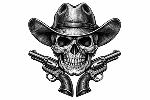 Victorian-era engraved skull, cowboy hat, two revolvers flanking its chin. tattoo idea