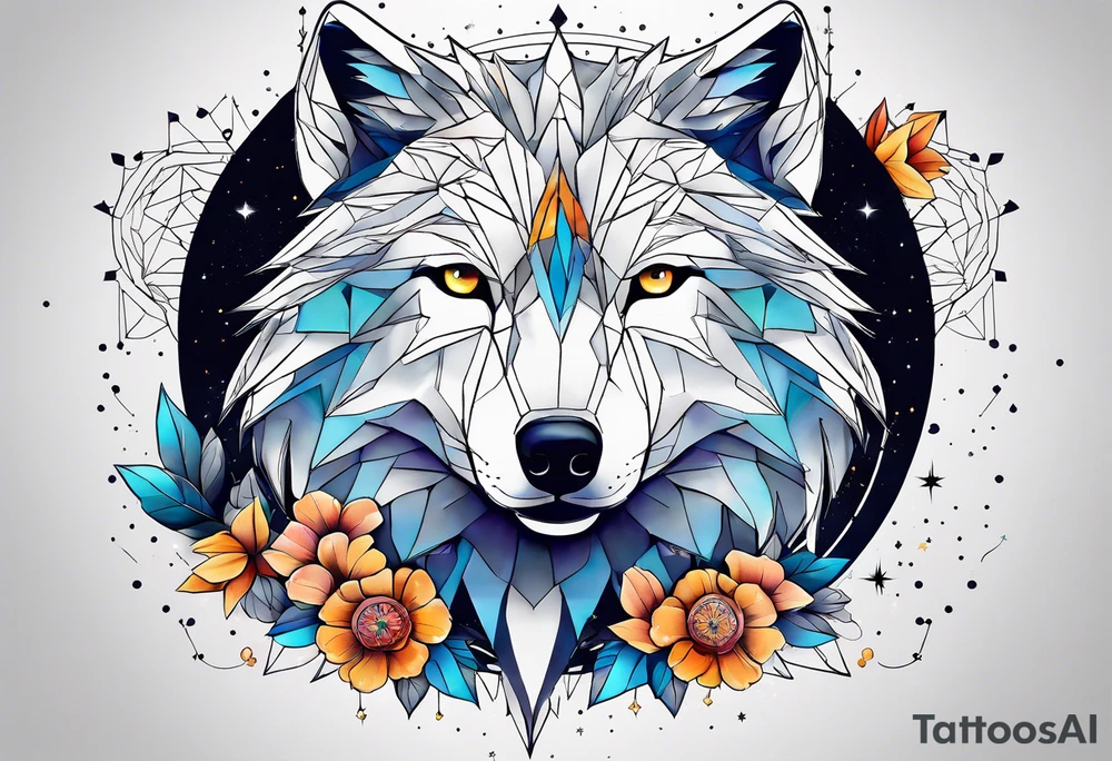 Constellation, animal wolf snow , géométric , flower tattoo idea