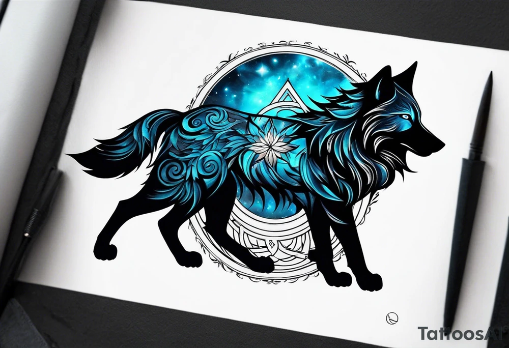 a tattoo whose main theme is balance but also resembles new begining, strong willpower, peace and loyalty. This should be for the front part of the shoulder. maybe add the ying-yang symbol somewhere in the tattoo. Tattoo should have an equal amount of blue and red along with the overall tattoo being black. In corporate a wolf into the tattoo. tattoo idea