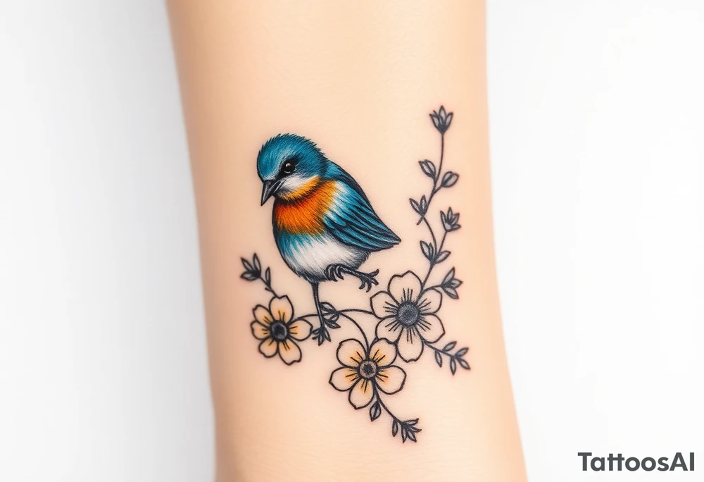 Angry bluebird surrounded by wild flowers tattoo idea